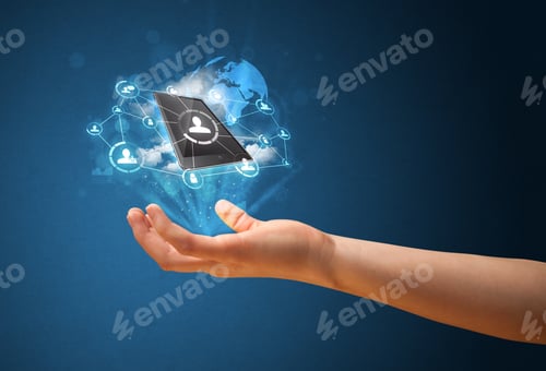 Preview: Young Businesswoman Presenting Cloud Technology In Her Hand