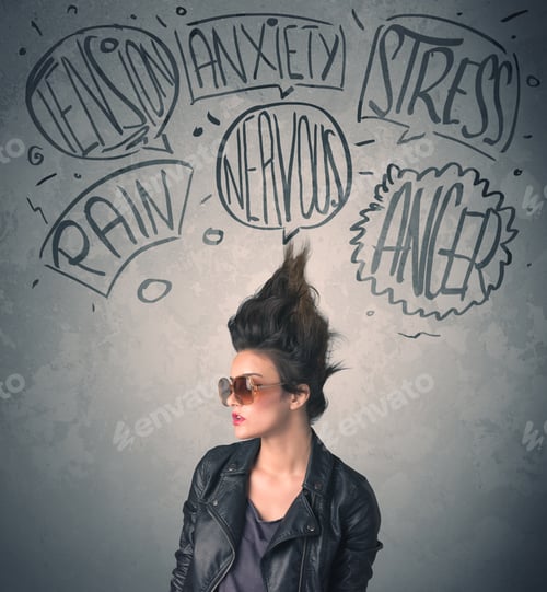 Preview: Mad Young Woman With Extreme Haisrtyle And Speech Bubbles Concept On Background