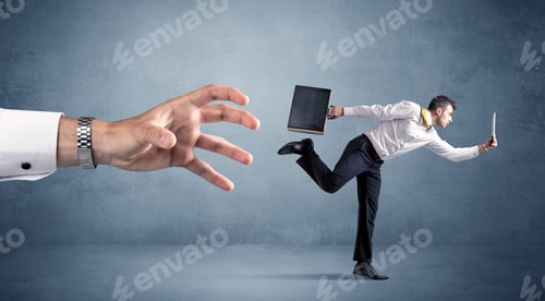 Preview: Young Miniature Businessman Running From A Big Hand