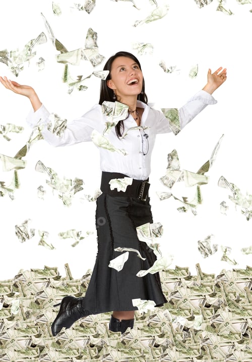 Preview: Business Woman With Lots Of Money Looking Very Happy Over White