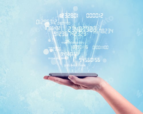 Preview: A White Hand Holding A Tablet Smartphone With Digital Numbers And Information Escaping The Device