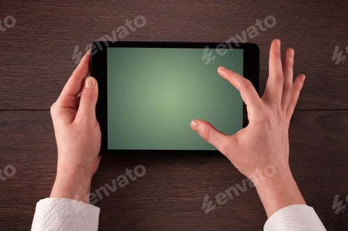 Preview: Caucasian Business Hands Holding And Working On Plain Tablet