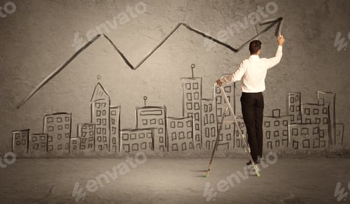 Preview: A Businessman In Modern Stylish Elegant Suit Standing On A Small Ladder And Drawing Pie And Block