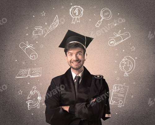 Preview: Happy Graduate Teenager With Hand Drawn School Icons Above His Head