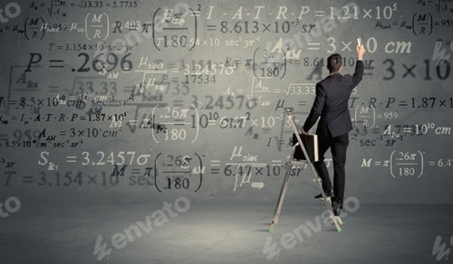 Preview: A Businessman In Elegant Suit Standing On A Small Ladder And Writing Numbers, Calculating On Grey