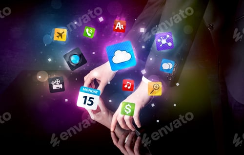 Preview: Male Hands Touching Interactive Table With Colorful Application Icons On It