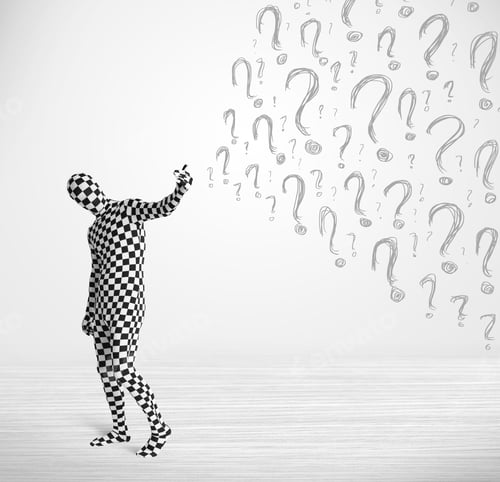 Preview: 3D Human Character Is Body Suit Morphsuit Looking At Hand Drawn Question Marks