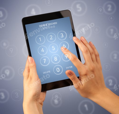 Preview: Female Fingers Touching Tablet With Locked Device Requiring Passcode