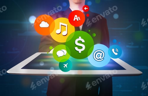 Preview: Young Businessman Presenting Colorful Modern Signs