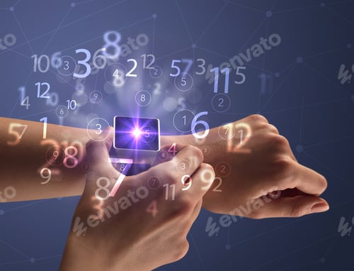 Preview: Close Up Female Naked Hand Wearing Smartwatch And Numbers Around