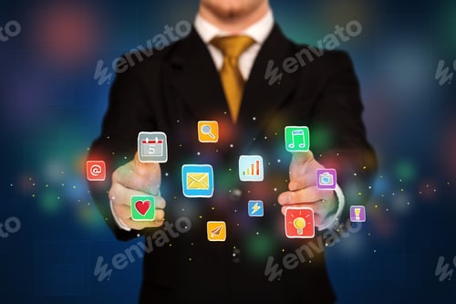 Preview: Elegant Businessman Holding Colorful Mixed Media Icons
