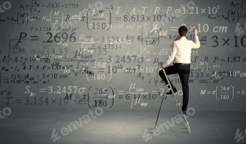 Preview: A Businessman In Elegant Suit Standing On A Small Ladder And Writing Numbers, Calculating On Grey