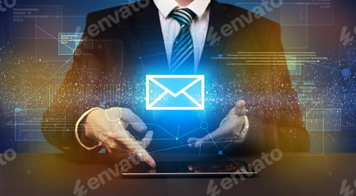 Preview: Businessman In Suit Typing With Communication, Mailing Concept Around
