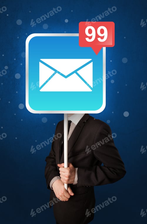 Preview: Smart Businessman Holding Square Sign With Mail Icon