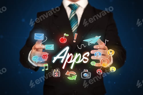 Preview: Businessman With Drawn Application Icons And Symbols In His Hands