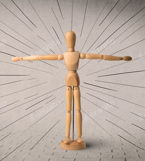 Preview: Wooden Mannequin Posed In Front Of A Greyish Background With Black Lines Around Him