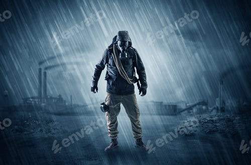 Preview: Gas Masked Survival Man Coming With Arms On His Hand In A Demolished Dark Environment