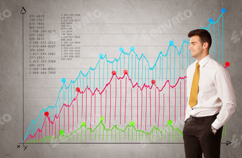 Preview: A Confident Young Businessman Standing In Front Of A A Chart With Graphs And Numberswhile Talking