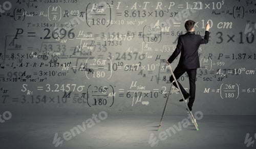 Preview: A Businessman In Elegant Suit Standing On A Small Ladder And Writing Numbers, Calculating On Grey