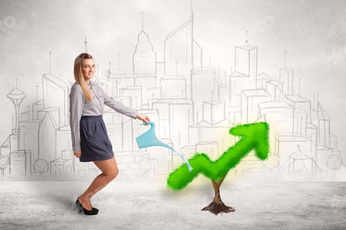 Preview: Business Woman Watering Green Plant Arrow Concept On Background