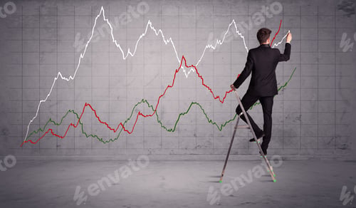 Preview: A Guy In Modern Suit Standing On A Small Ladder And Drawing A Chart On Grey Wall Background With