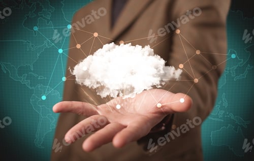 Preview: Elegant Business Person Holding An Empty White Cloud In Its Hands In Front Of Green Wall Background