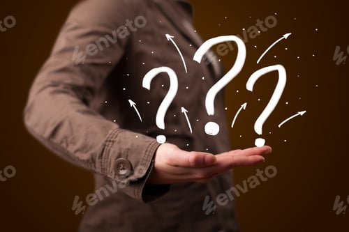 Preview: Young Beautiful Woman Presenting Hand Drawn Question Marks
