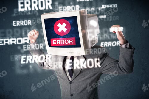 Vista previa: Hombre de negocios con monitor de PC en la cabeza y mensajes de error de fondo más oscuro