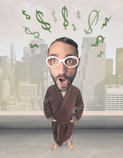 Preview: Funny Guy With Big Head And Drawn Dollar Marks Over It