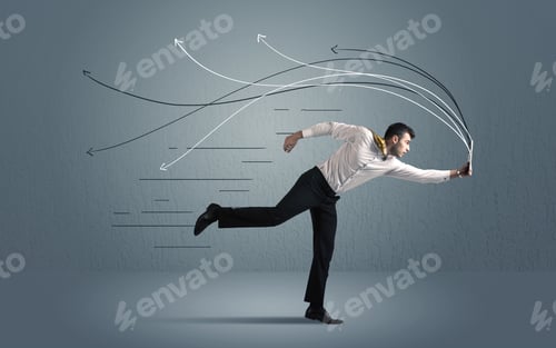 Preview: Running Businessman With Device And Hand Drawn Lines Concept On Background