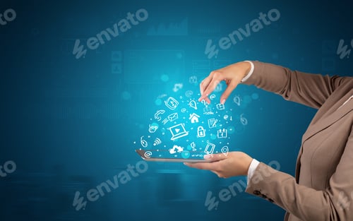 Preview: Elegant Hand Holding Tablet With Chalk Drawn Social Media Symbols Above