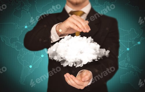 Preview: Elegant Business Person Holding An Empty White Cloud In Its Hands In Front Of Green Wall Background