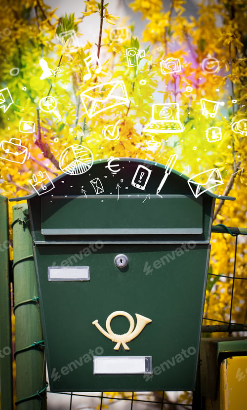 Preview: Colorful Modern Icons And Symbols Bursting Out Of A Mailbox