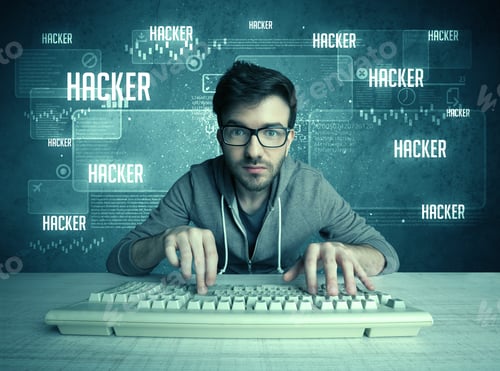 Preview: A Young Handsome Nerd Hacking Internet Web Sites While Working On Computer Keyboard, With Digital