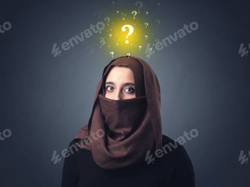 Preview: Young Muslim Woman Wearing Niqab With Yellow Question Marks Above Her Head
