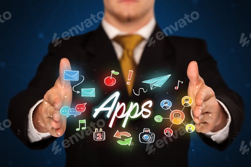 Preview: Businessman With Drawn Application Icons And Symbols In His Hands