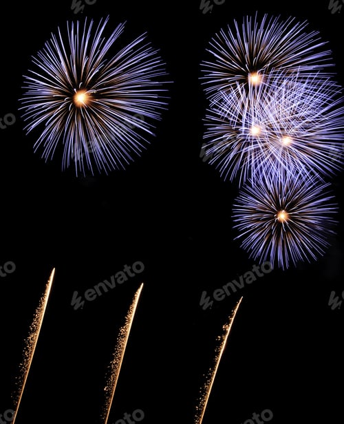 Preview: Five Bursts Of Blue And White Fireworks With White-Hot Cores Above Three Glittery Rocket Trails