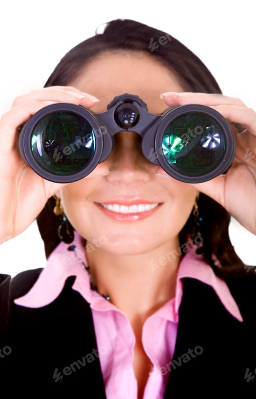 Preview: Businesswoman Looking Through Binoculars Wearing Blazer and Shirt