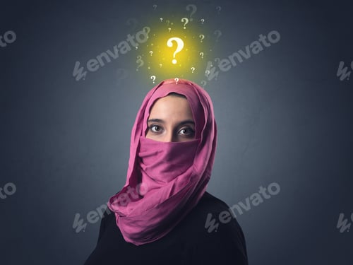 Preview: Young Muslim Woman Wearing Niqab With Yellow Question Marks Above Her Head
