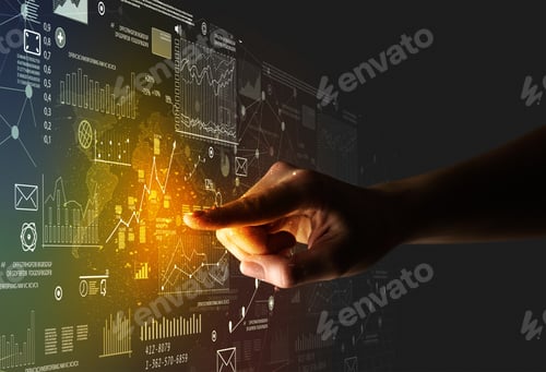 Preview: Female Finger Touching A Beam Of Light Surrounded By Charts And Graphs