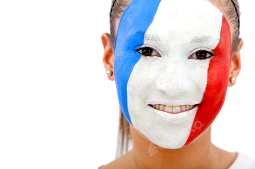 Preview: Portrait Of A Woman With The French Flag Paited On Her Face - Over A White Background