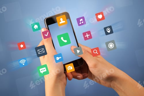 Preview: Female Fingers Touching Smartphone With Colorful Applications