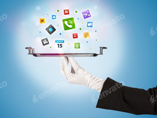 Preview: A Stylish Waiter Hand With White Gloves Holding A Silver Plate Full Of Social Media Communication