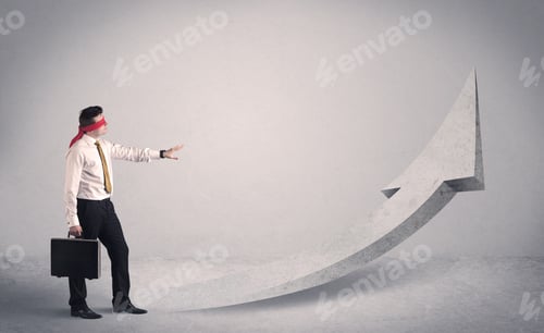 Preview: A Scared Blindfolded Businessman Forced To Face A Problem Concept With Illustrated Arrow Pointng To
