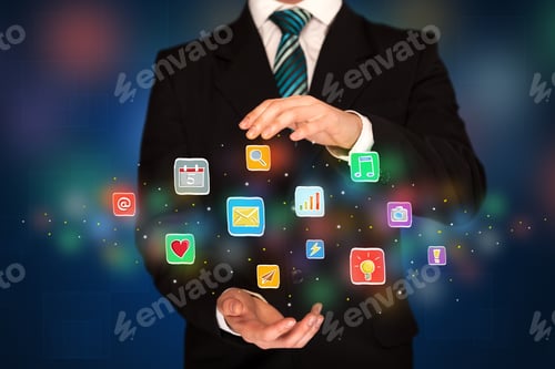 Preview: Elegant Businessman Holding Colorful Mixed Media Icons