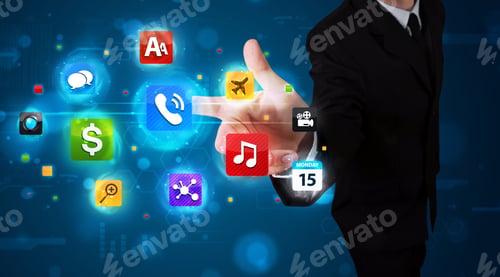 Preview: Young Businessman Pressing Various Collection Of Buttons
