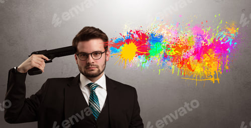 Preview: Man Shoots His Head With Gun And Colorful Splotch Are Coming Out From His Head