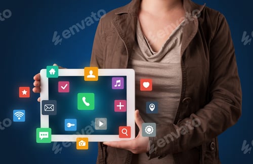 Preview: Casual Young Woman Holding Tablet With Colorful Applications