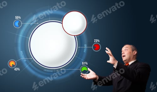 Preview: Funny Businessman In Suit Presenting Abstract Modern Pie Chart With Copy Space