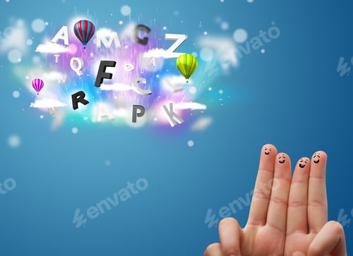 Preview: Happy Cheerful Smiley Fingers Looking At Colorful Magical Clouds And Balloons Illustration